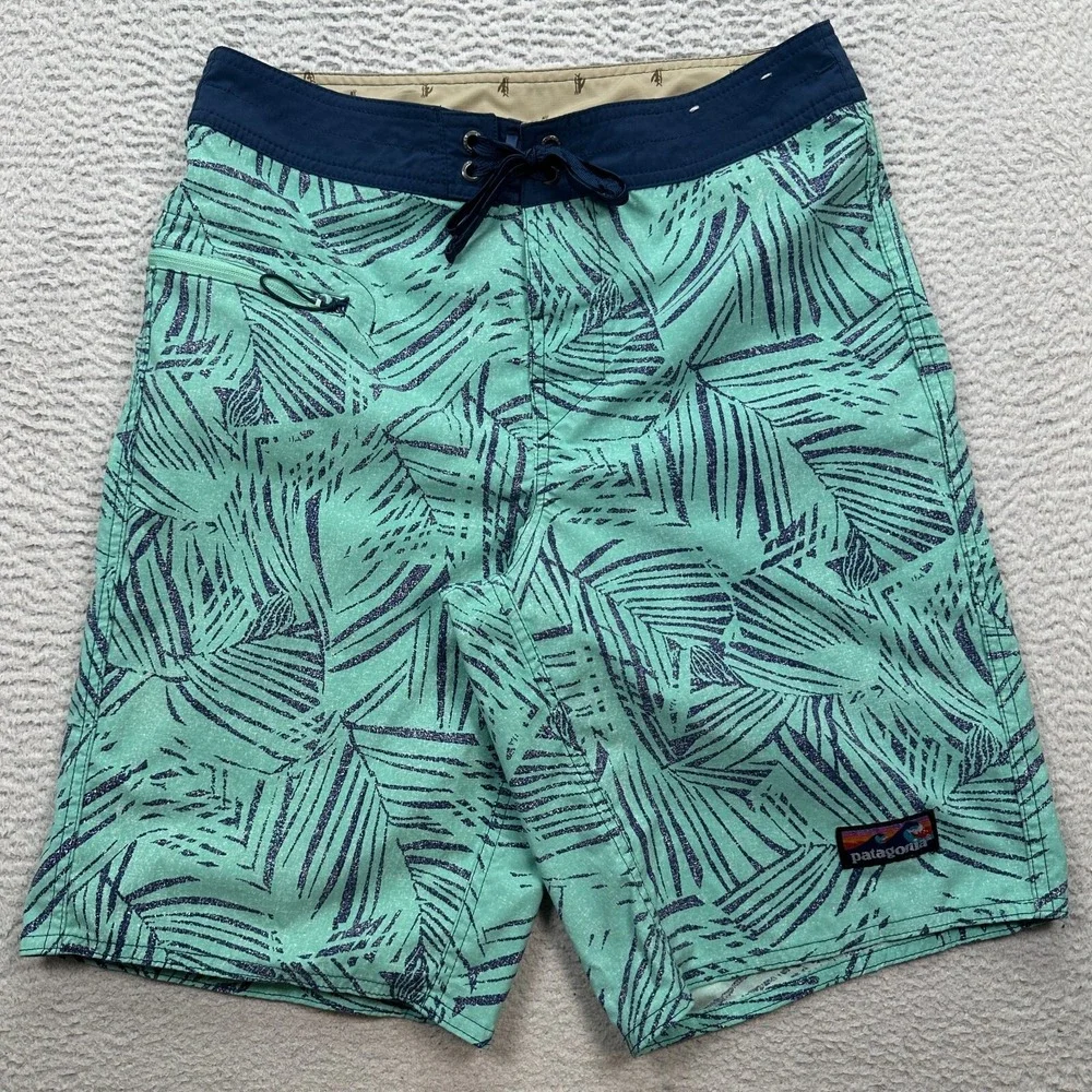 Patagonia Wavefarer Board Shorts Size 30 Green Blue Swim Trunk Palms Unlined